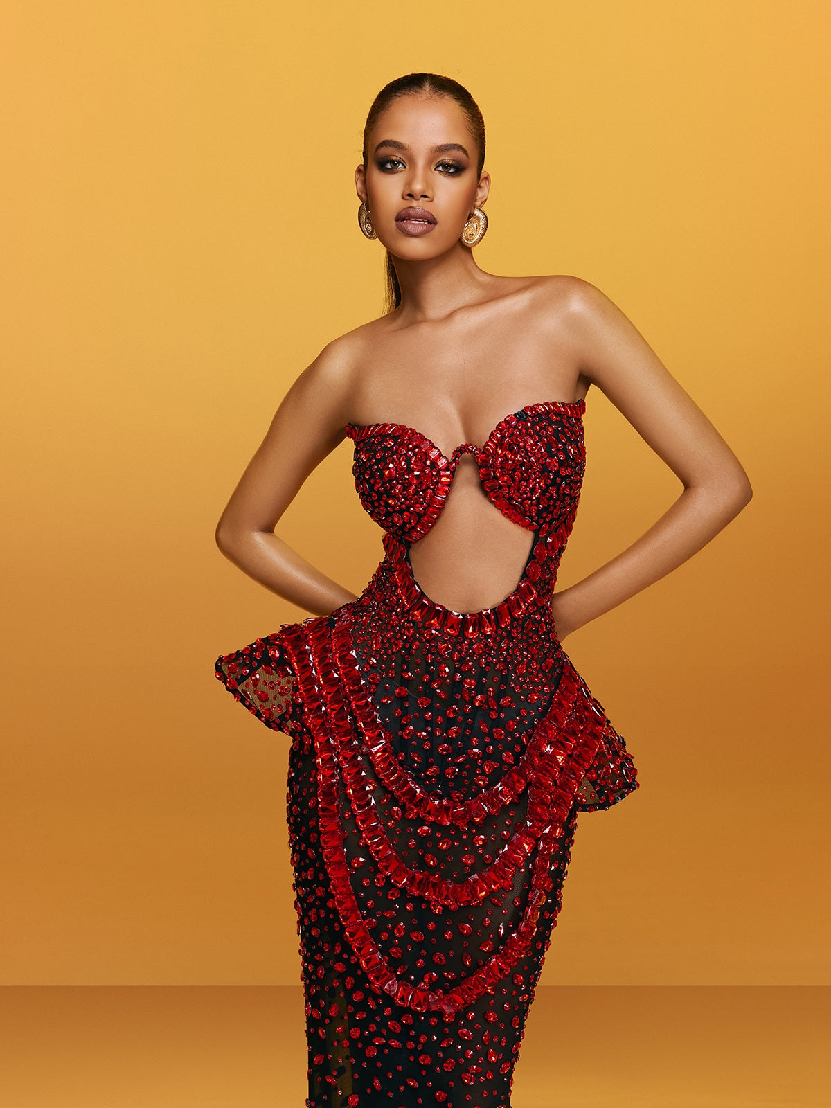 Strapless Cutout Crystal Maxi Dress In Wine