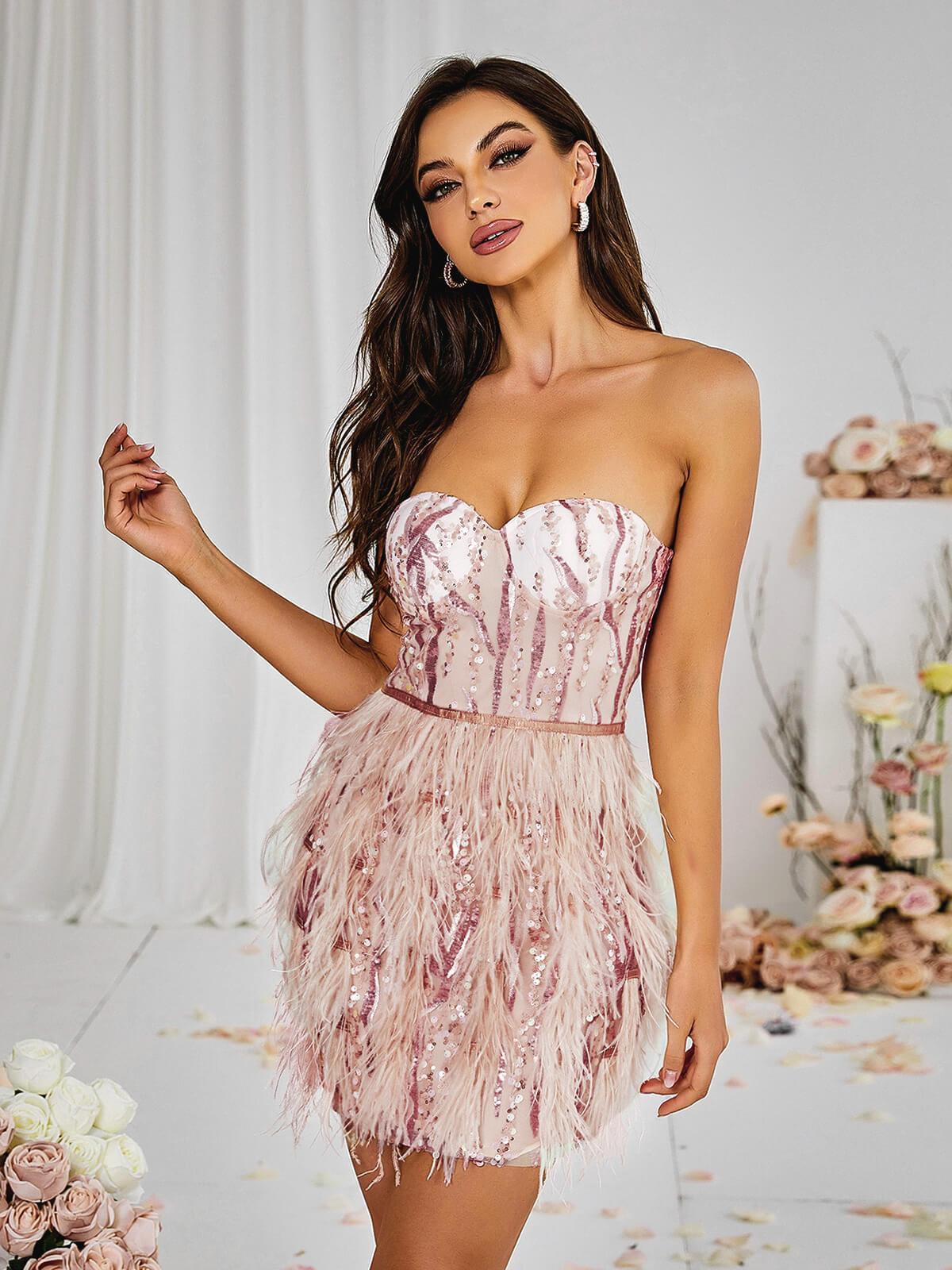 Strapless Sweetheart Sequin Feather Trimmed Corset Mini Dress
