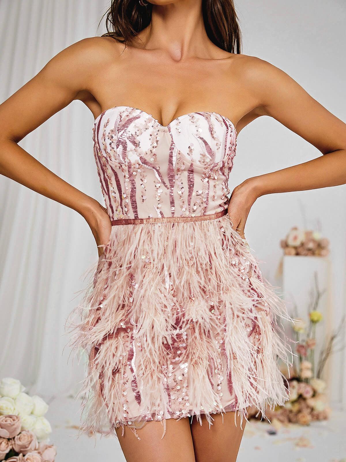 Strapless Sweetheart Sequin Feather Trimmed Corset Mini Dress