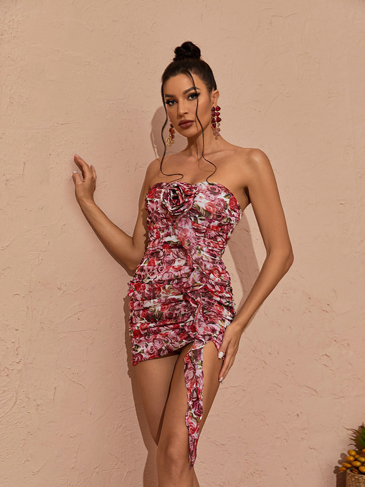 Strapless Sweetheart Rosette Floral Ruched Bodycon Mini Dress