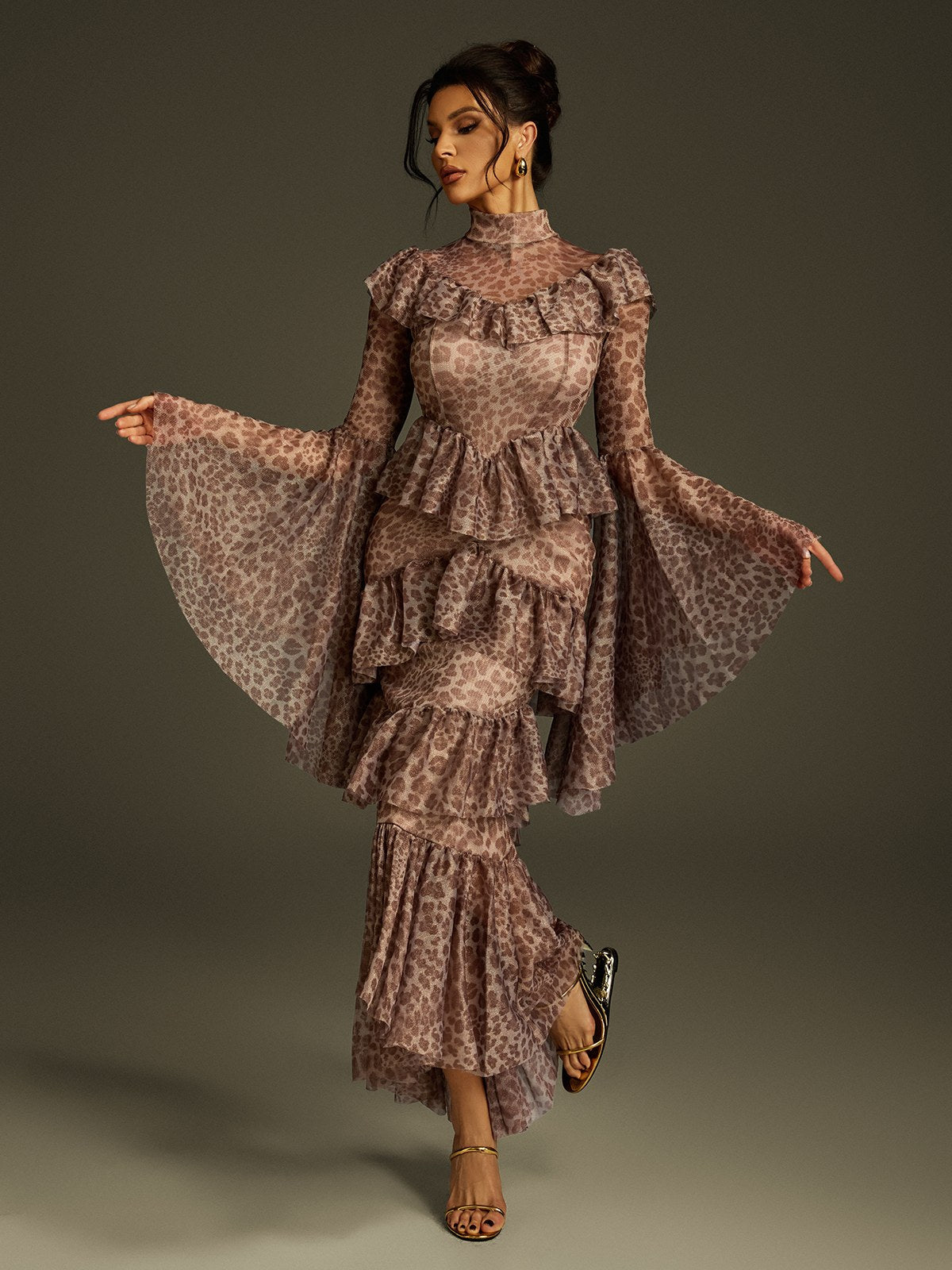 Bell Sleeve Leopard Midi Dress