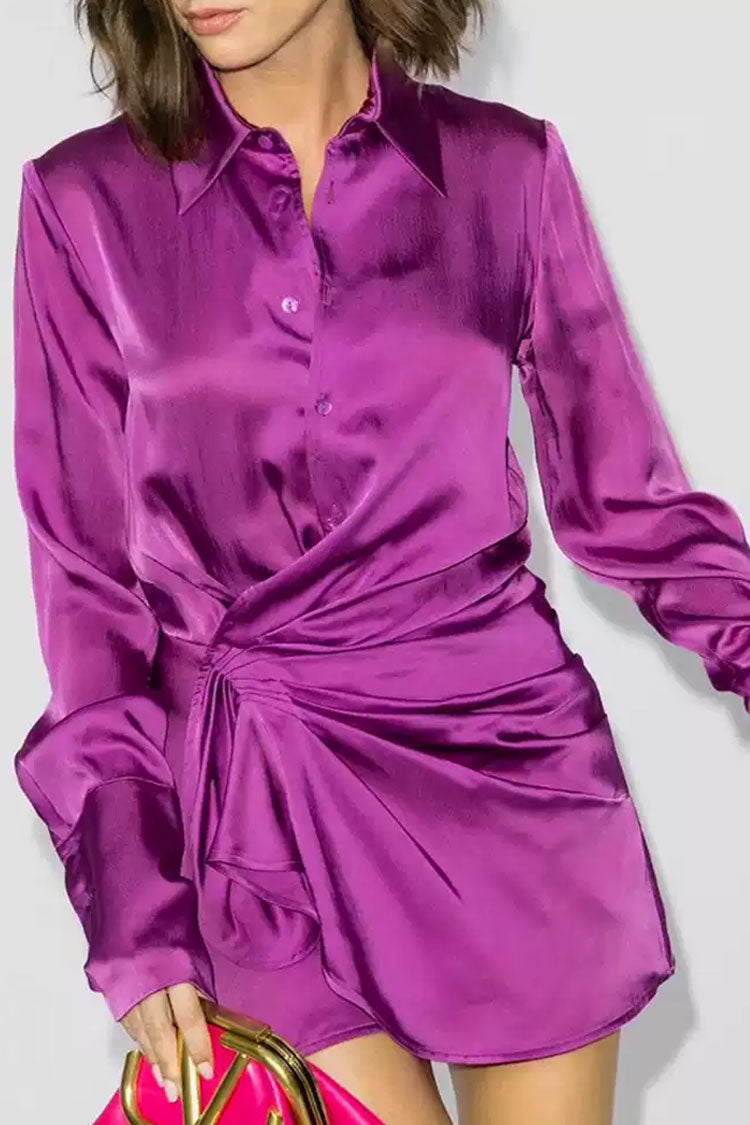 Fuchsia Collared Long Sleeve Satin Ruched Asymmetric Shirt Mini Dress