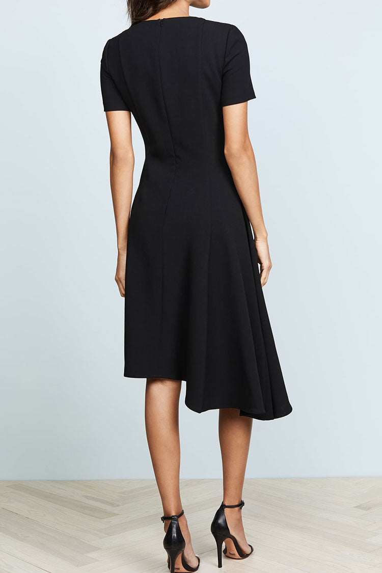 Black Crew Neck Short Sleeve Fit And Flare Asymmetric Midi Dress