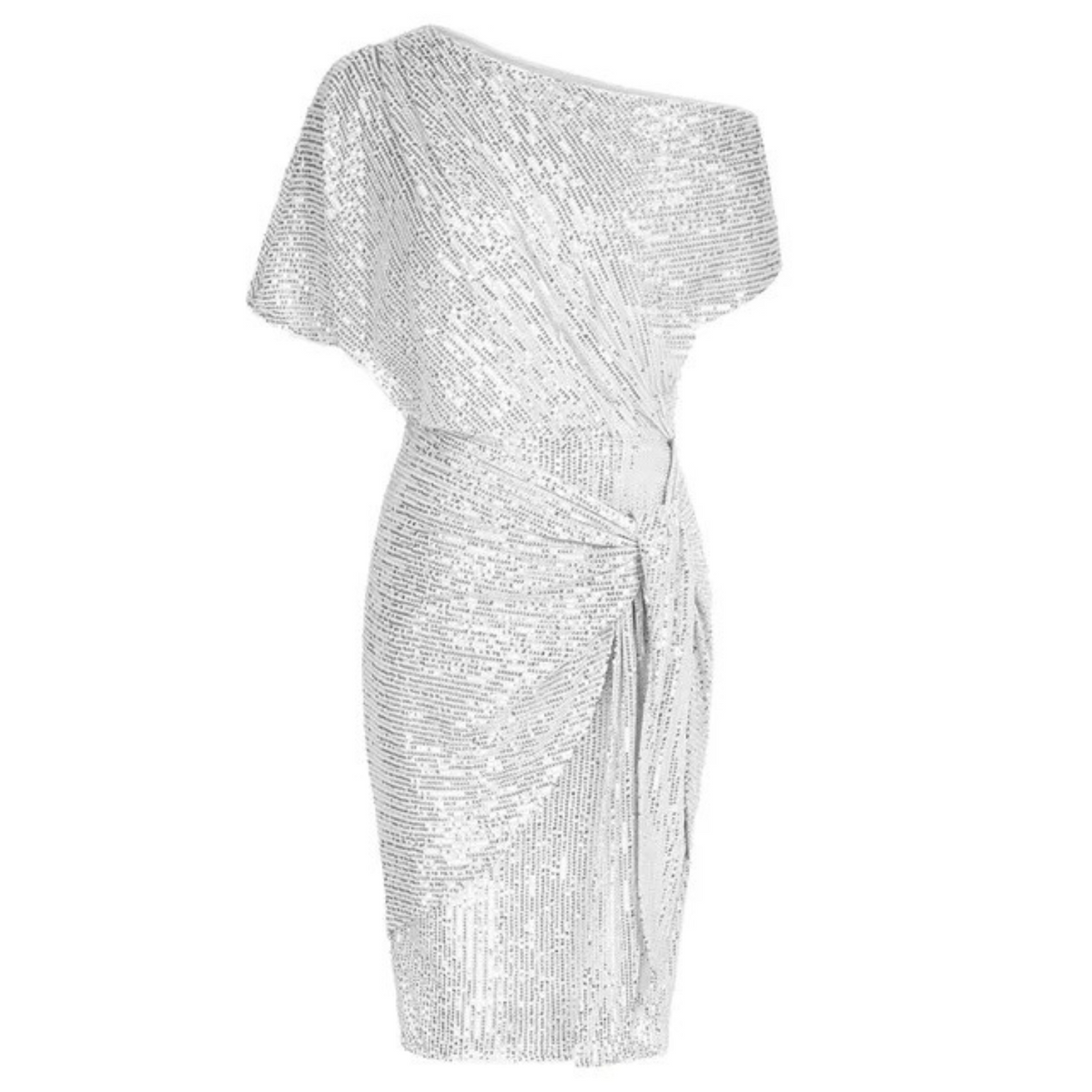 Asymmetric One-Shoulder Metallic Shimmer Side Tie Draped Midi Dress