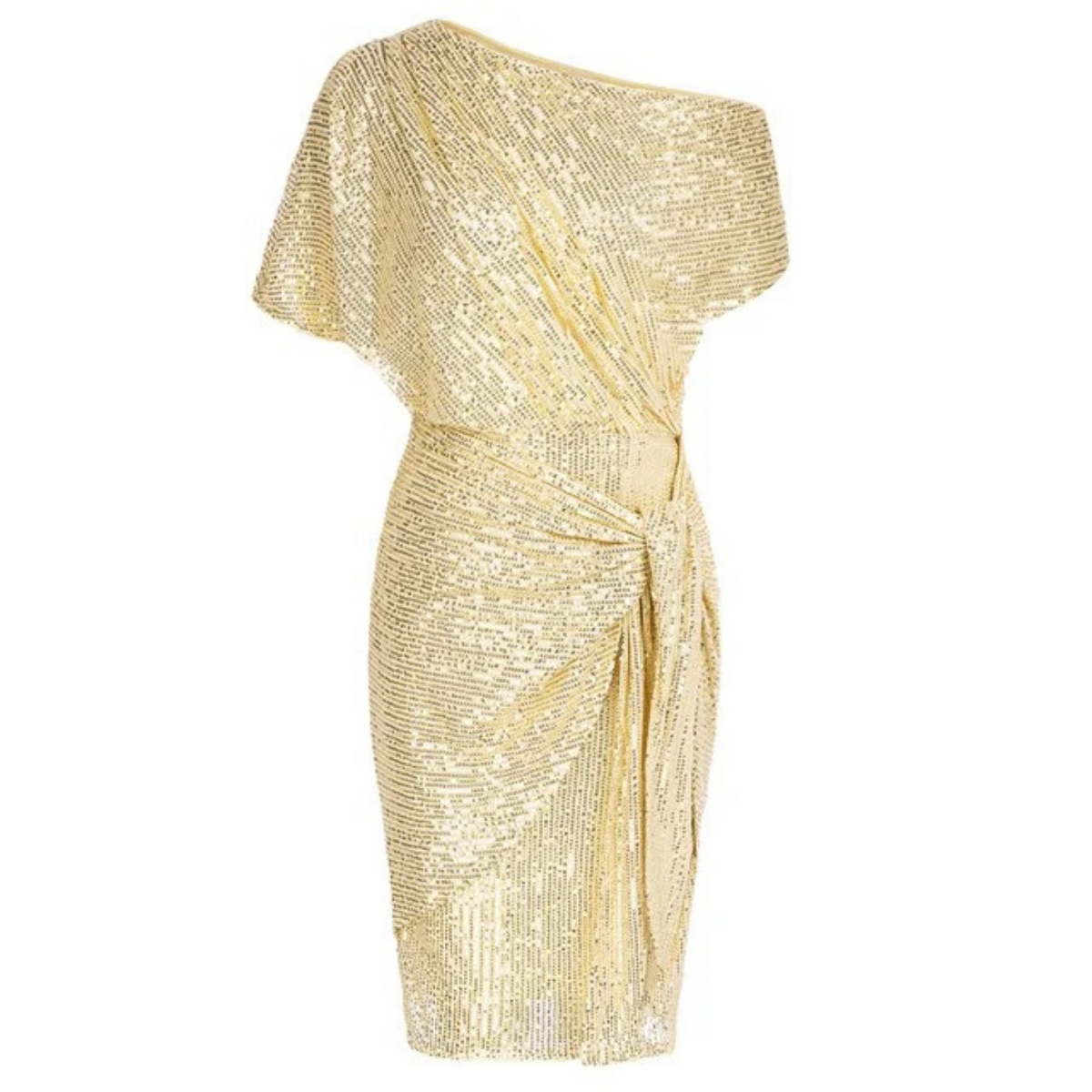 Asymmetric One-Shoulder Metallic Shimmer Side Tie Draped Midi Dress