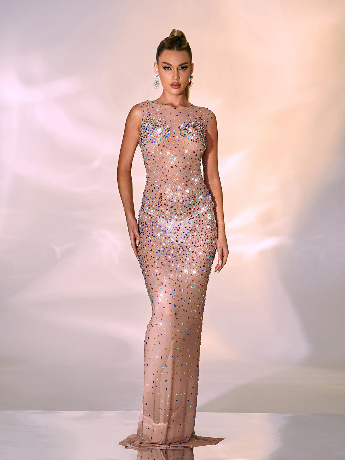 Round Neck Sleeveless Crystal Embellished Sheer Mesh Bodycon Maxi Gown