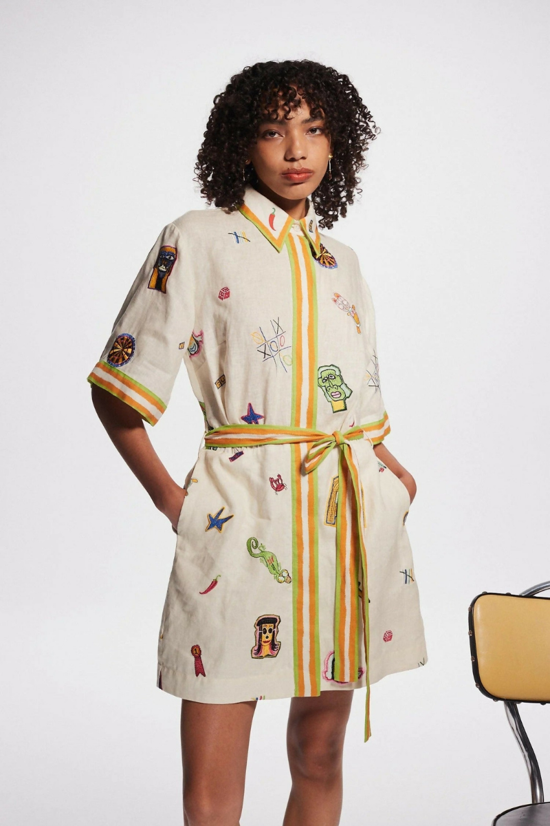 Waleska Minimalist Short Sleeved Embroidered Mini Dress Designer Edit