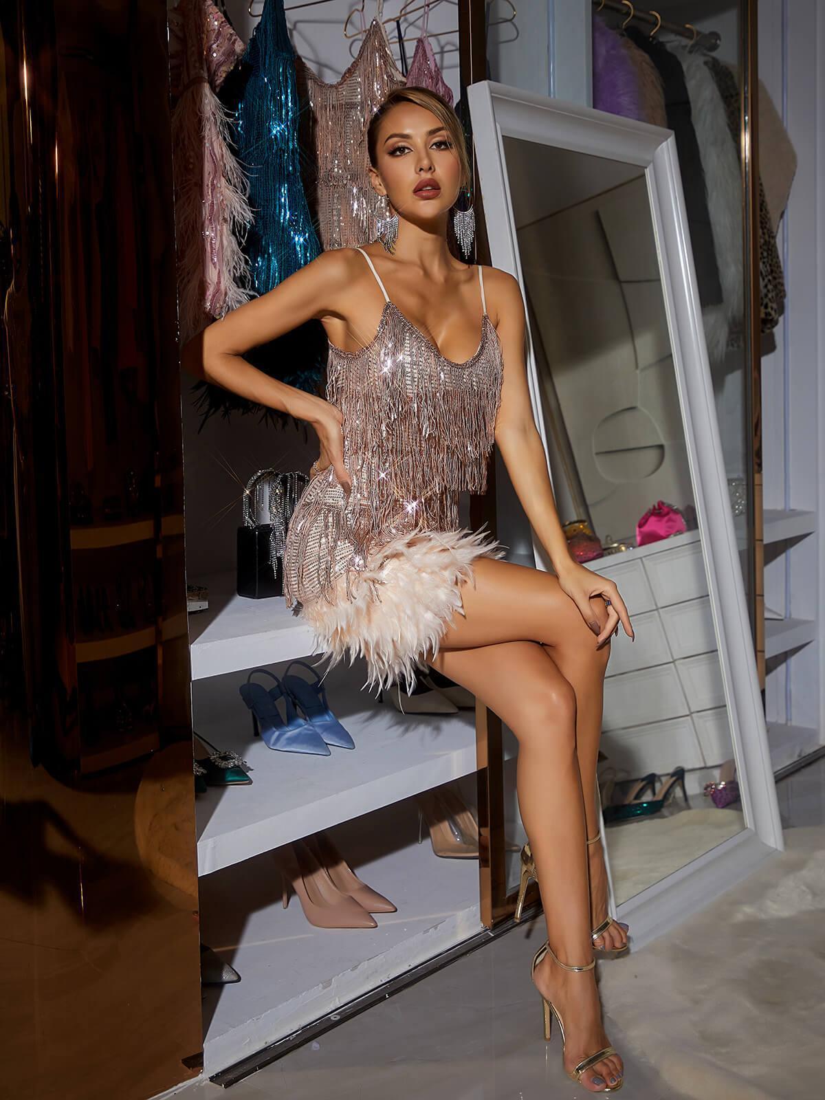 Tassel Feather Mini Dress In Champagne