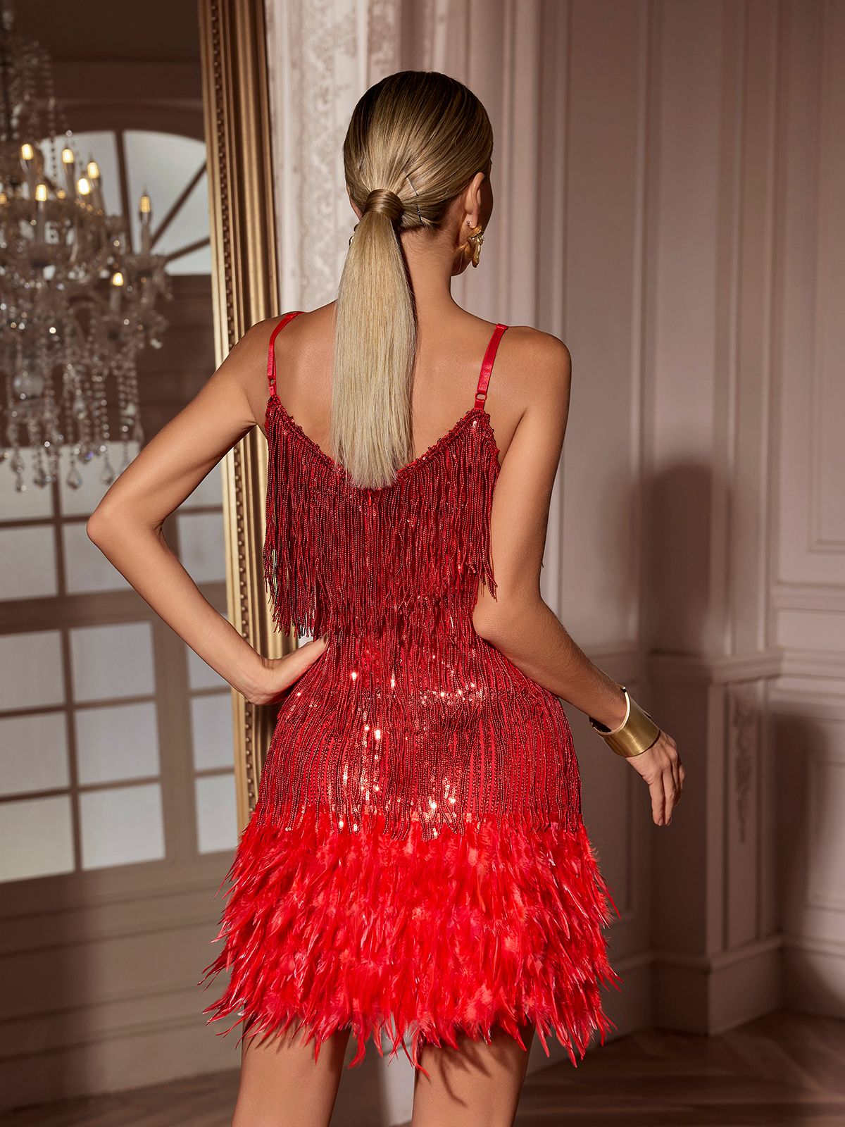 Tassel Feather Mini Dress In Red