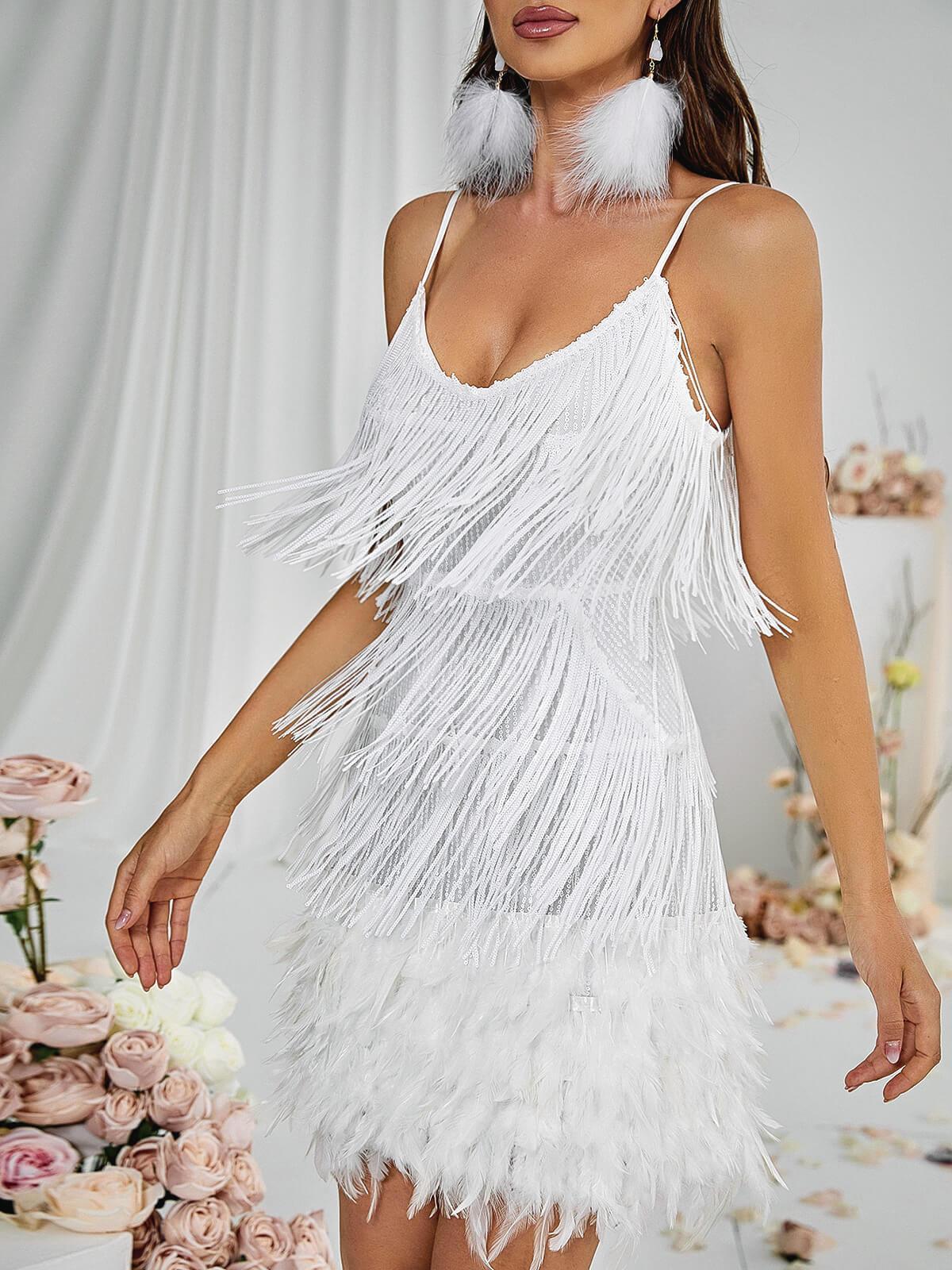 Spaghetti Strap V-Neck Tiered Tassel Fringe Feather Hem Mini Dress