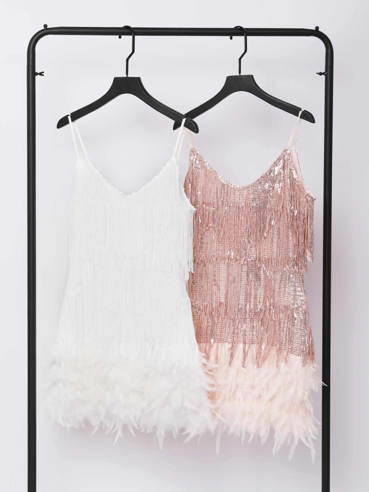 Spaghetti Strap V-Neck Tiered Tassel Fringe Feather Hem Mini Dress