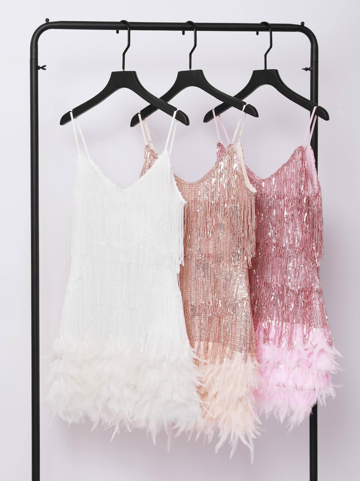 Tassel Feather Mini Dress In Champagne