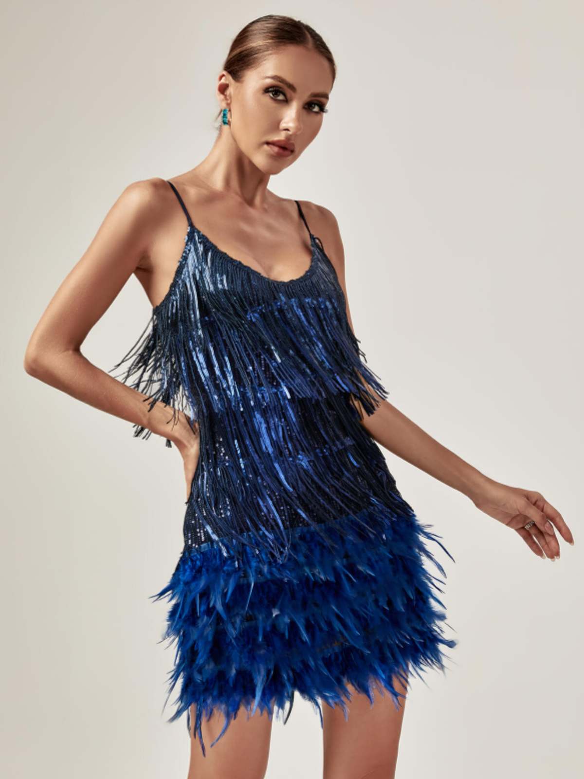 Tassel Feather Mini Dress In Royal Blue