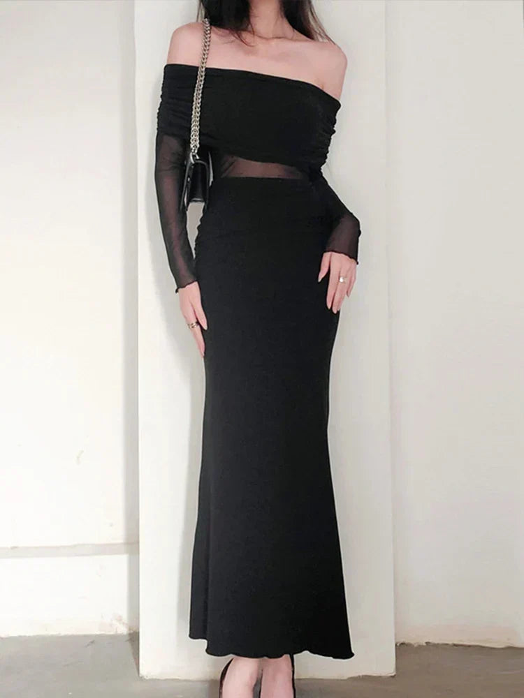 Autumn Sexy Strapless Black Lace Patchwork Long Streetwear Club Bodycon Dress / S