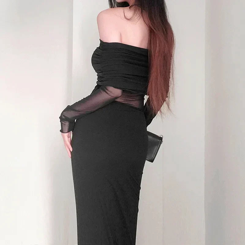 Autumn Sexy Strapless Black Lace Patchwork Long Streetwear Club Long Bodycon Dress