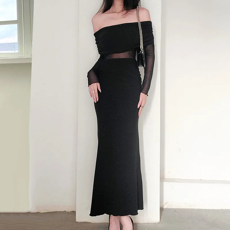 Autumn Sexy Strapless Black Lace Patchwork Long Streetwear Club Long Bodycon Dress