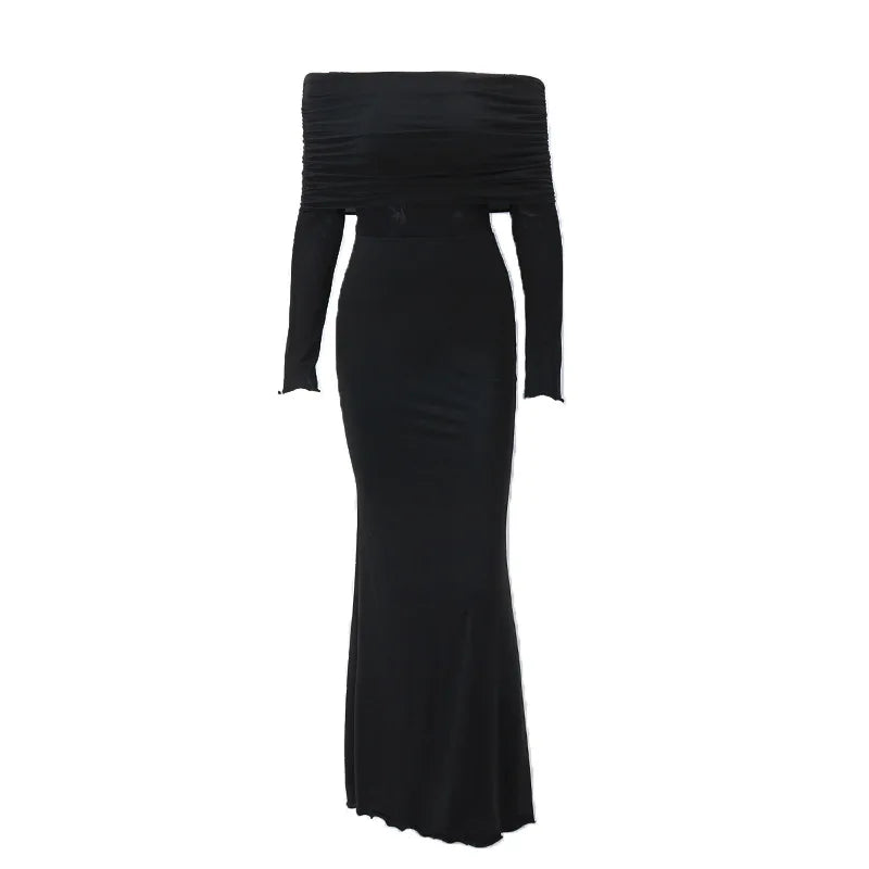 Autumn Sexy Strapless Black Lace Patchwork Long Streetwear Club Long Bodycon Dress