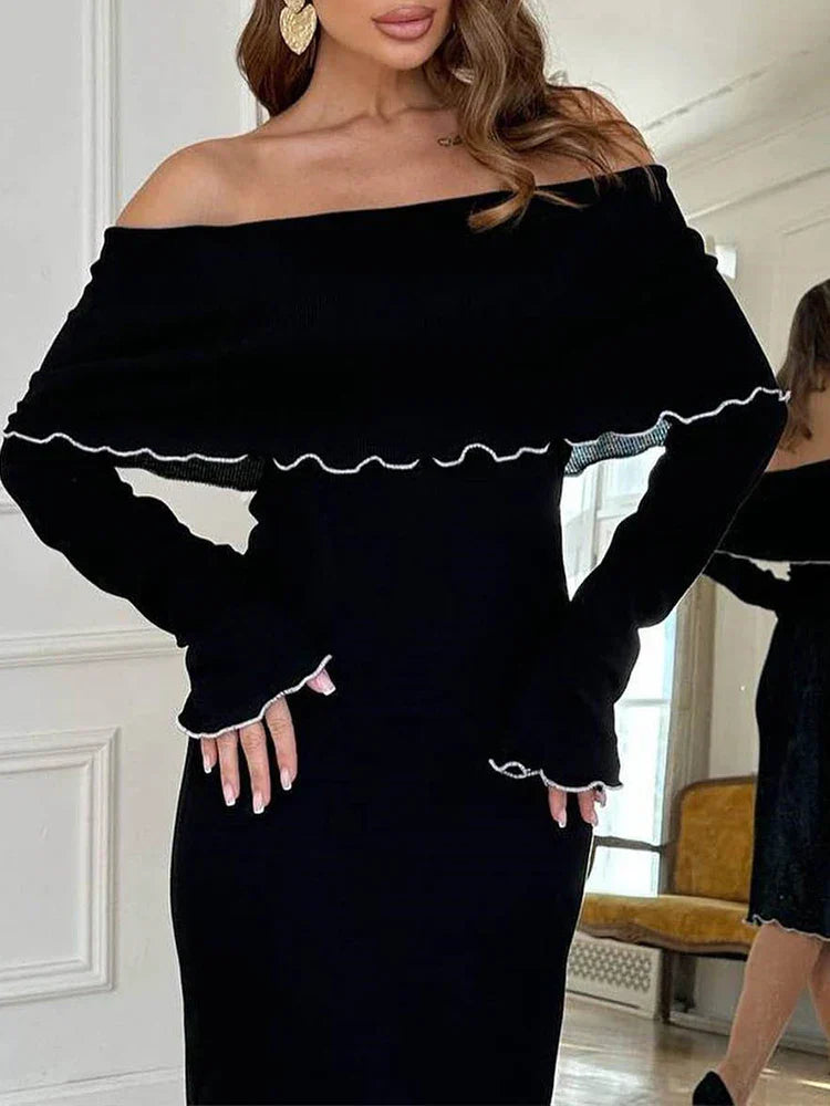 Autumn Winter Black Long Slash Neck Straight Elegant Party Clubwear Bodycon Dress