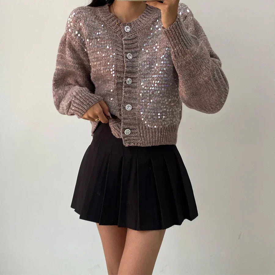 Sequined Knit Long Sleeve Cardigan Coffee / One Size Cardigan-241208