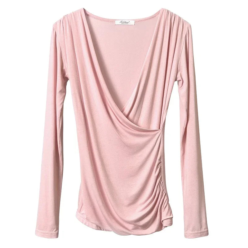 Solid Slim Waist VNeck Long Sleeve Women's Tee