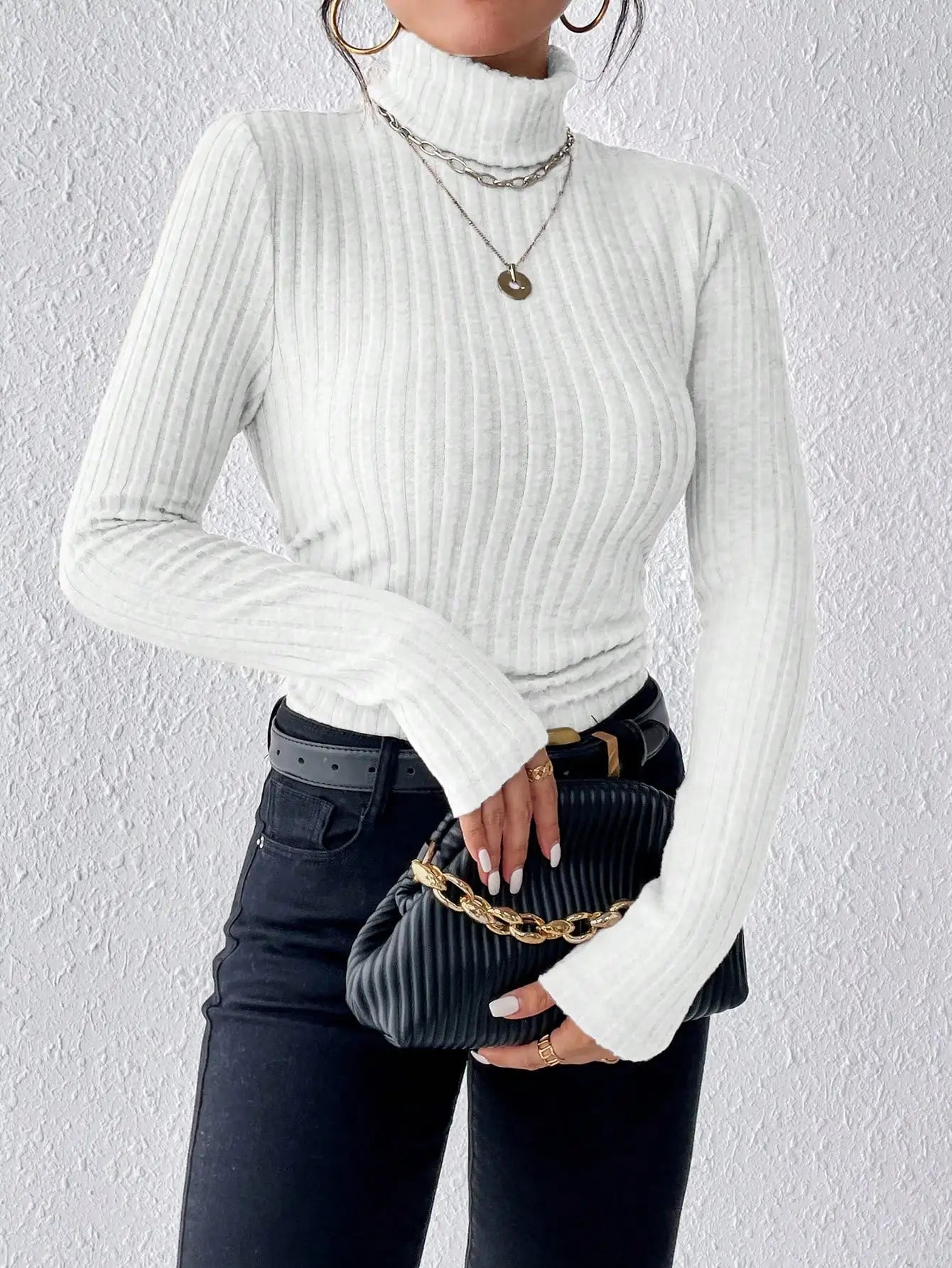 Explosive Solid Color High-Neck Slim Long Sleeve Top Women