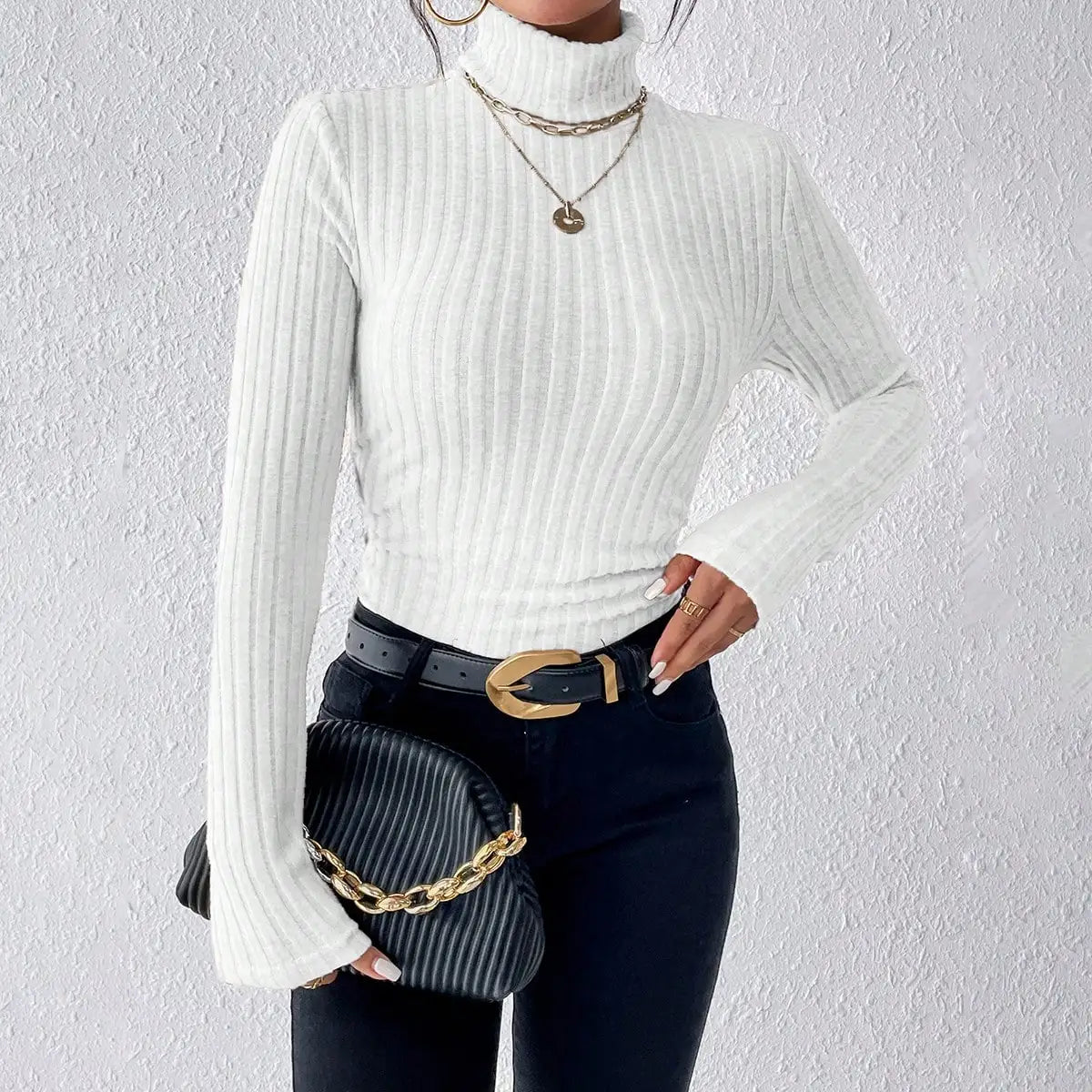 Explosive Solid Color High-Neck Slim Long Sleeve Top Women