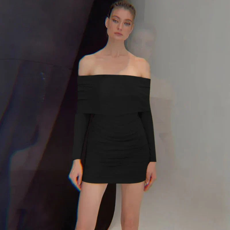 Autumn And Winter New Off Shoulder Knitted Slim Pleated Long Sexy Bodycon Dress Black / S