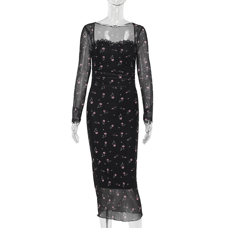 Adult Lady like Woman Maxi Dress Retro Long Sleeve Pure Printing