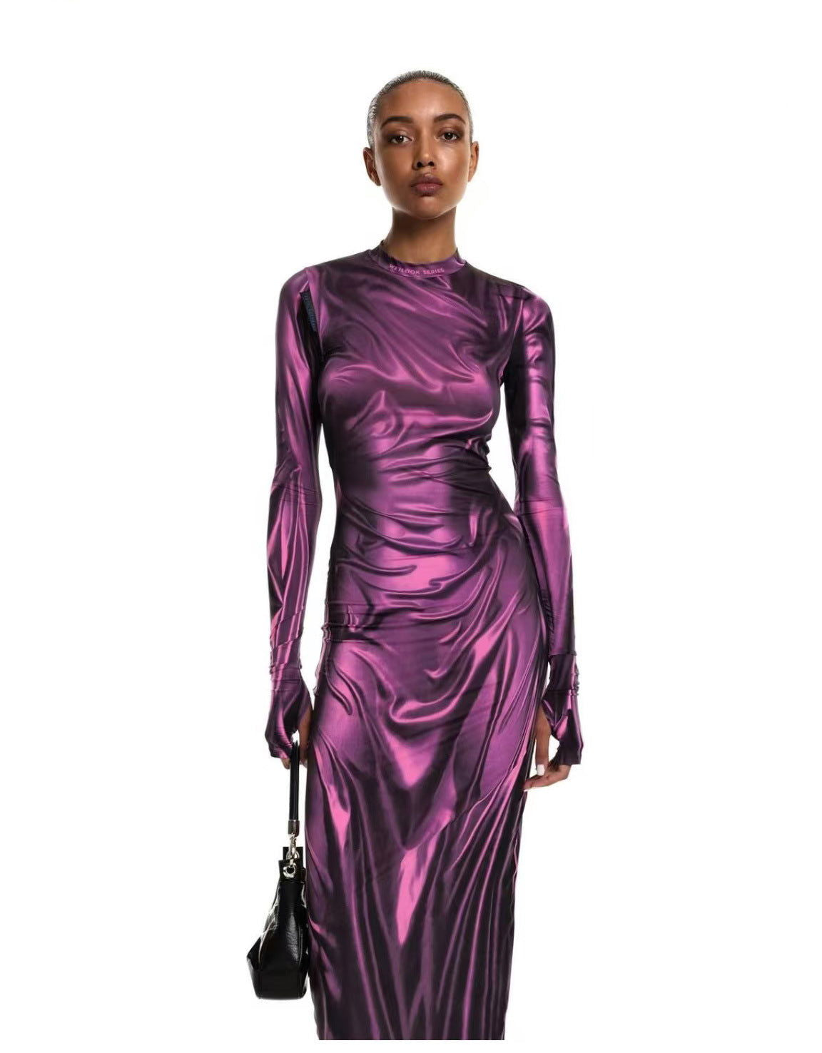 3D Pleated Print Long Sleeve Slim Fit Slimming round Neck High Waist Dress
