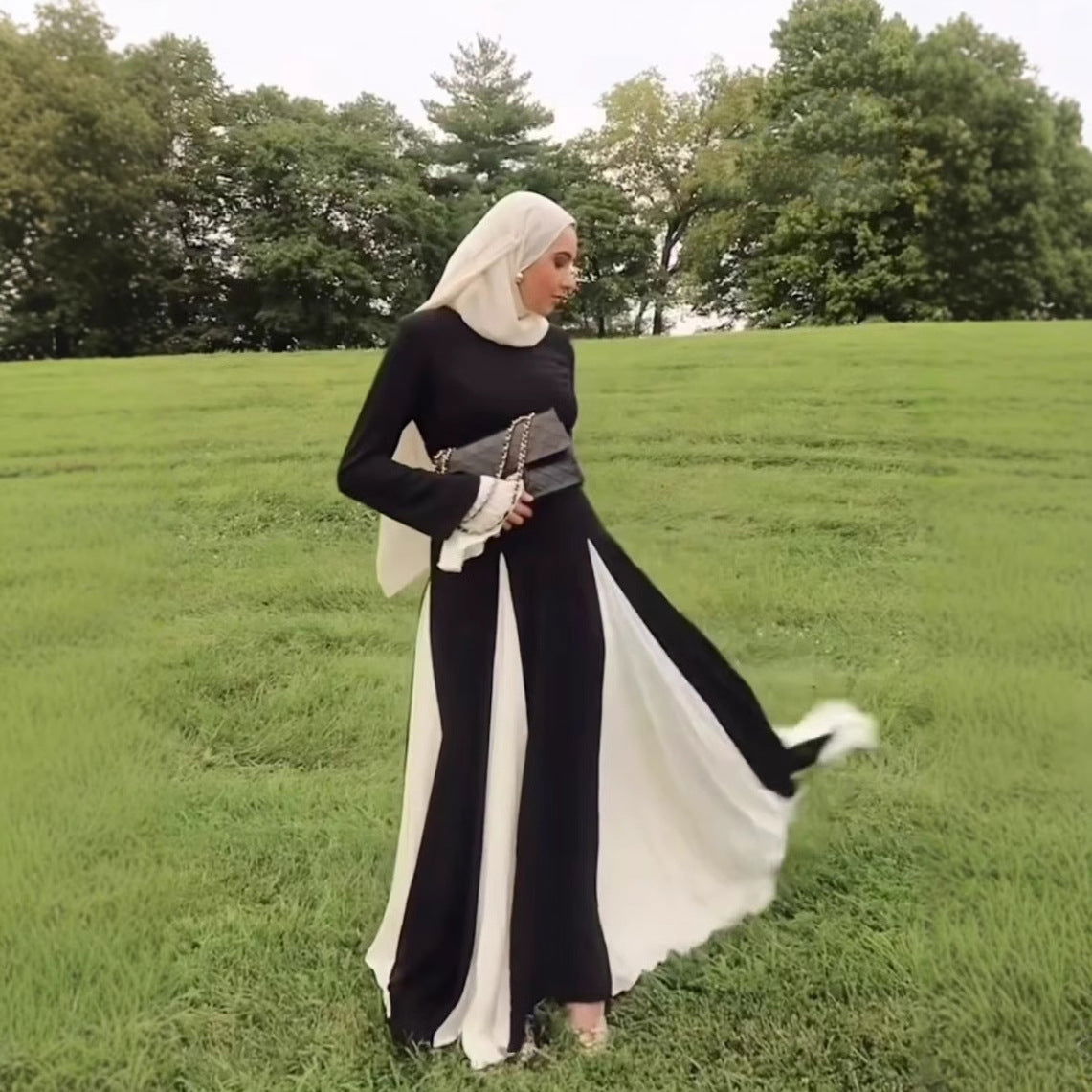 Black White Contrast Color Elegant Ruffle Long Sleeve Big Hem Dress