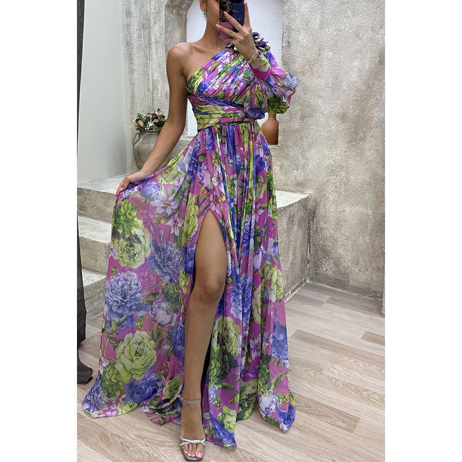Party Casual Split Dress Loose Multi Color Oblique Shoulder Dress