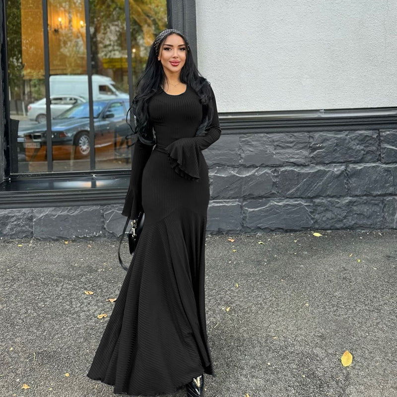 round Neck Waist Trimming Flared Long Sleeve Dress Elegant Fishtail Solid Color Dress