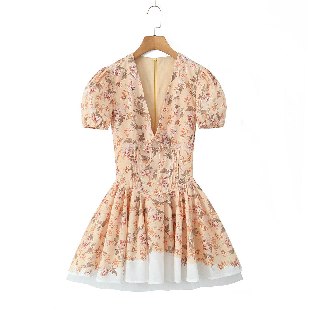 Positioning Printed V Neck Waist Tight Petti dress Holiday Dress