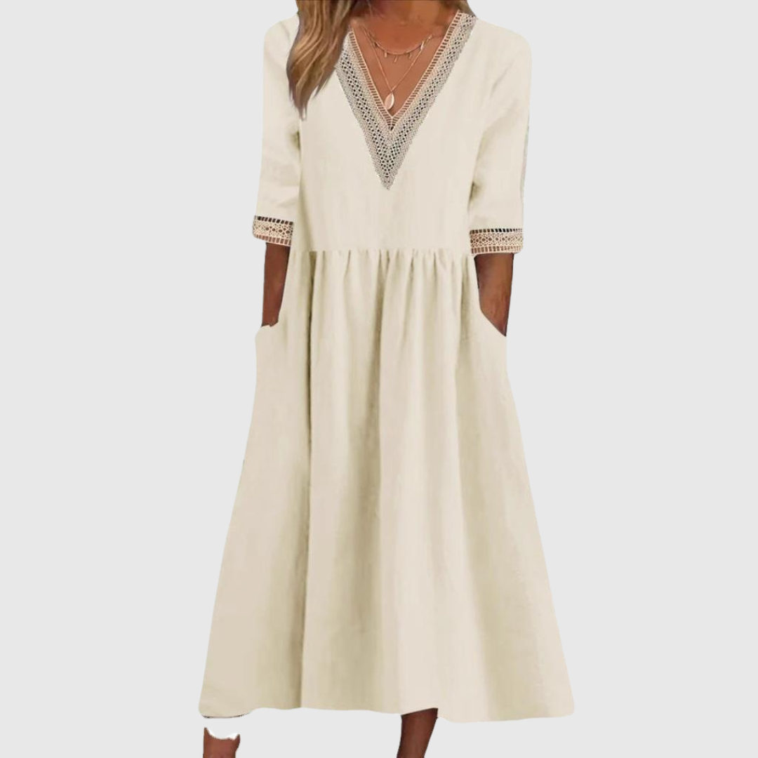 Lace Trim V-Neck Half Sleeve Pocket A-Line Midi Dress