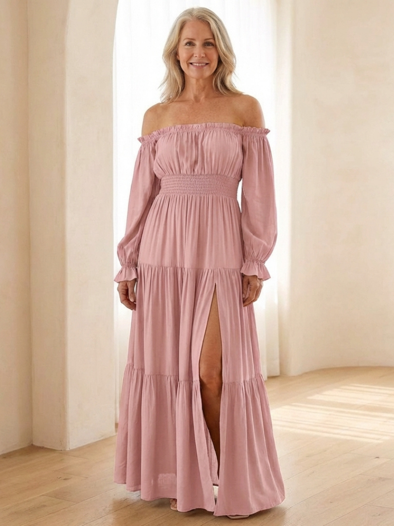 Off-Shoulder Puff Sleeve Smocked Tiered High Slit Maxi Dress 5