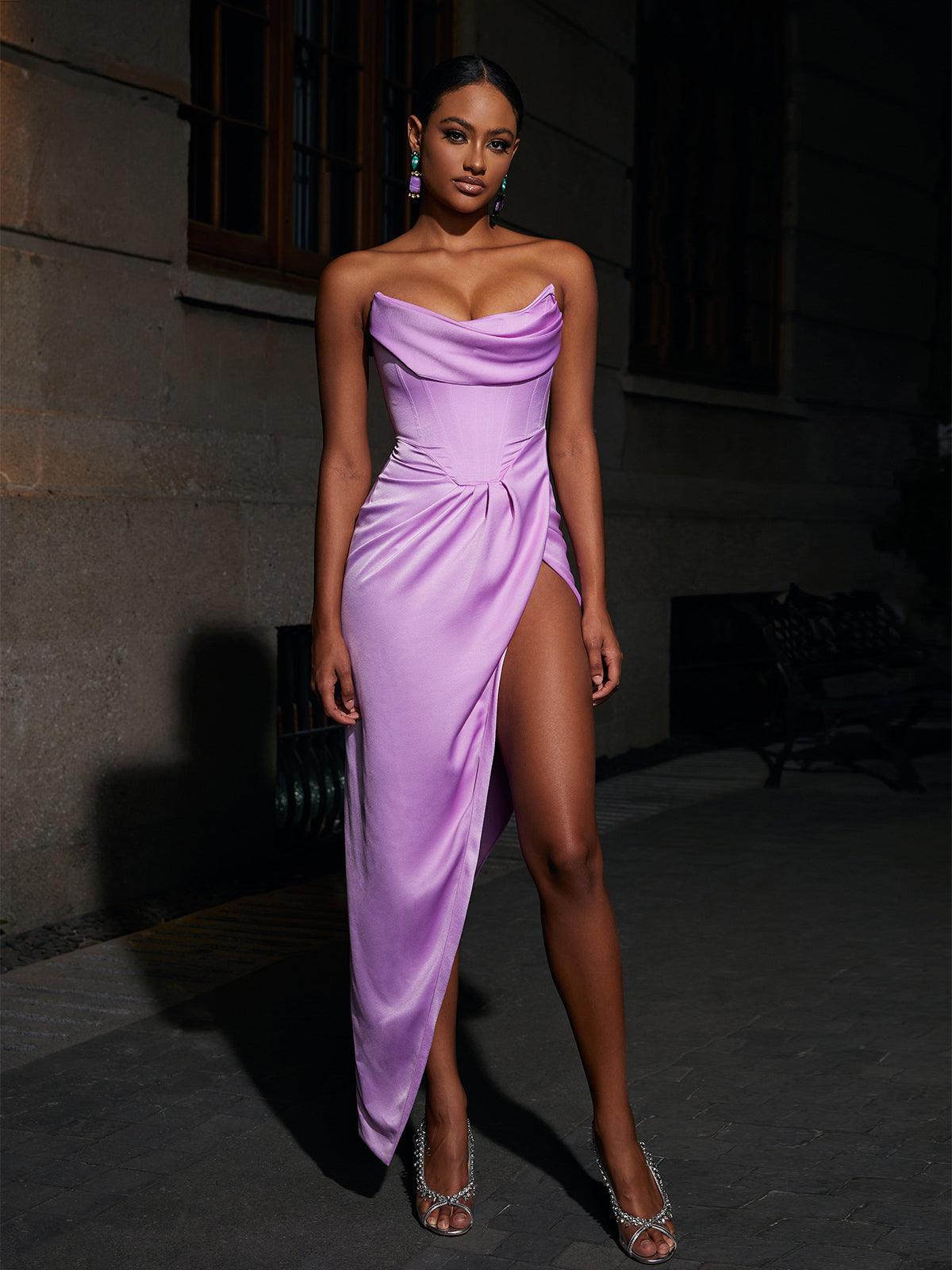 Strapless Draped Satin Corset Ruched High Slit Bodycon Maxi Dress