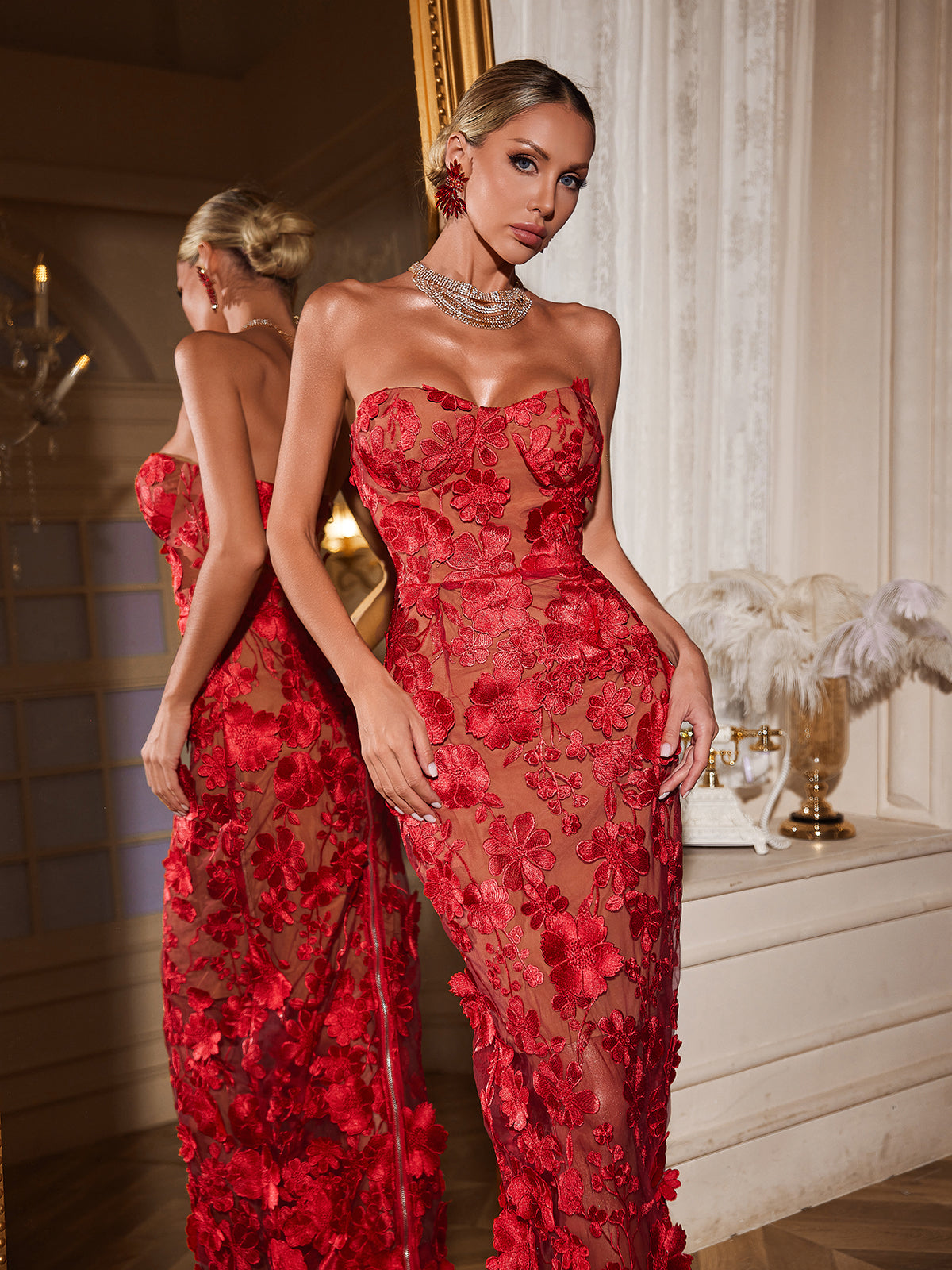 Strapless Flower Maxi Dress In Red