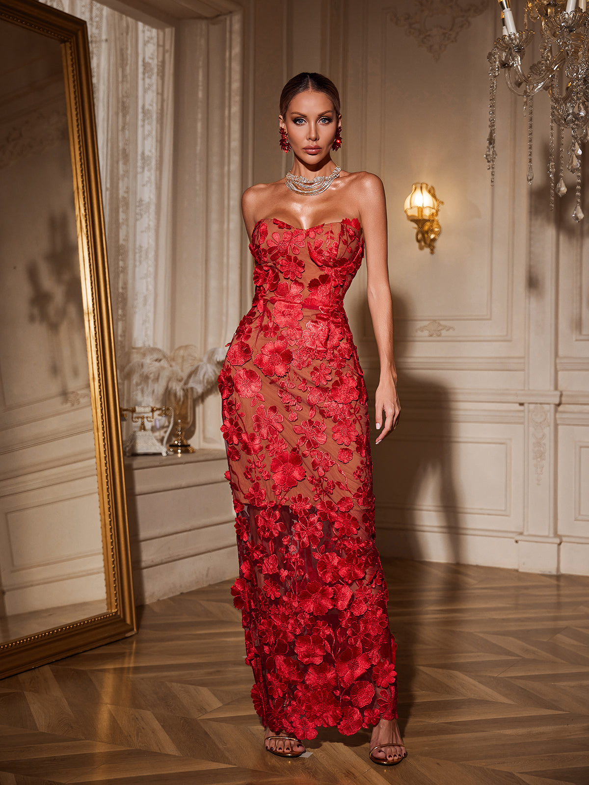 Strapless Flower Maxi Dress In Red