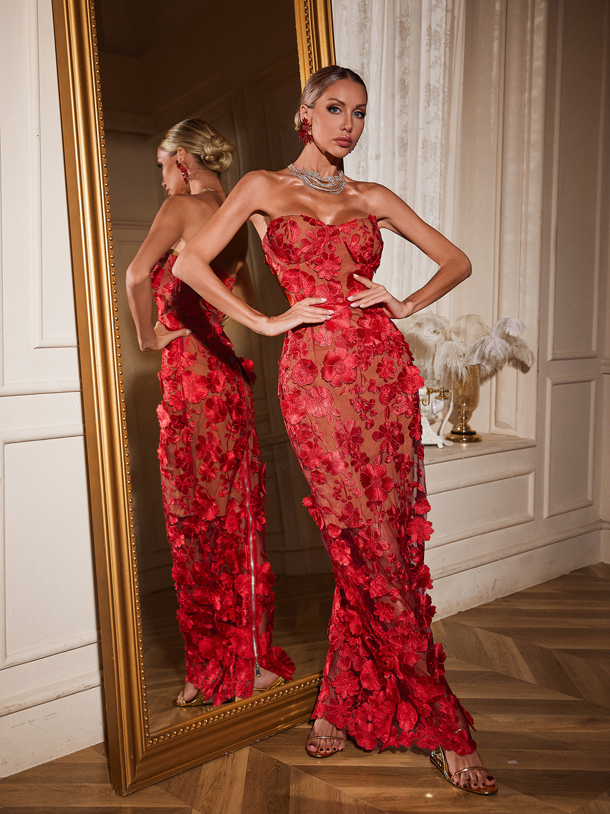 Strapless Flower Maxi Dress In Red