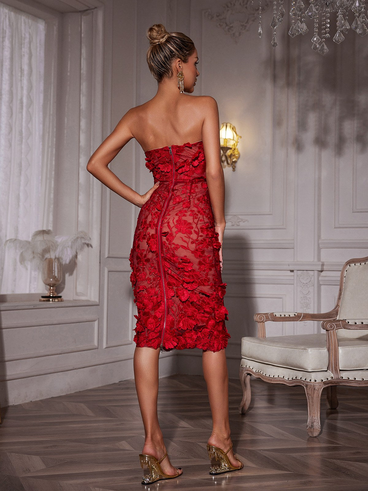 Strapless Flower Midi Dress In Red