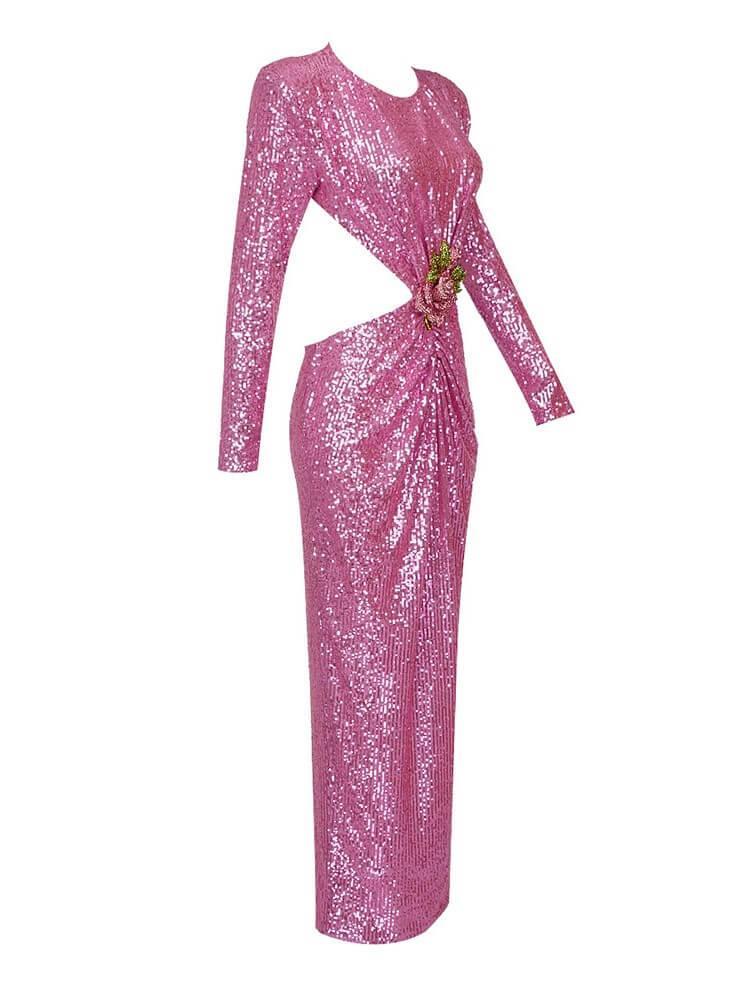 Round Neck Long Sleeve Sequin Cutout Floral Applique Ruched Maxi Dress