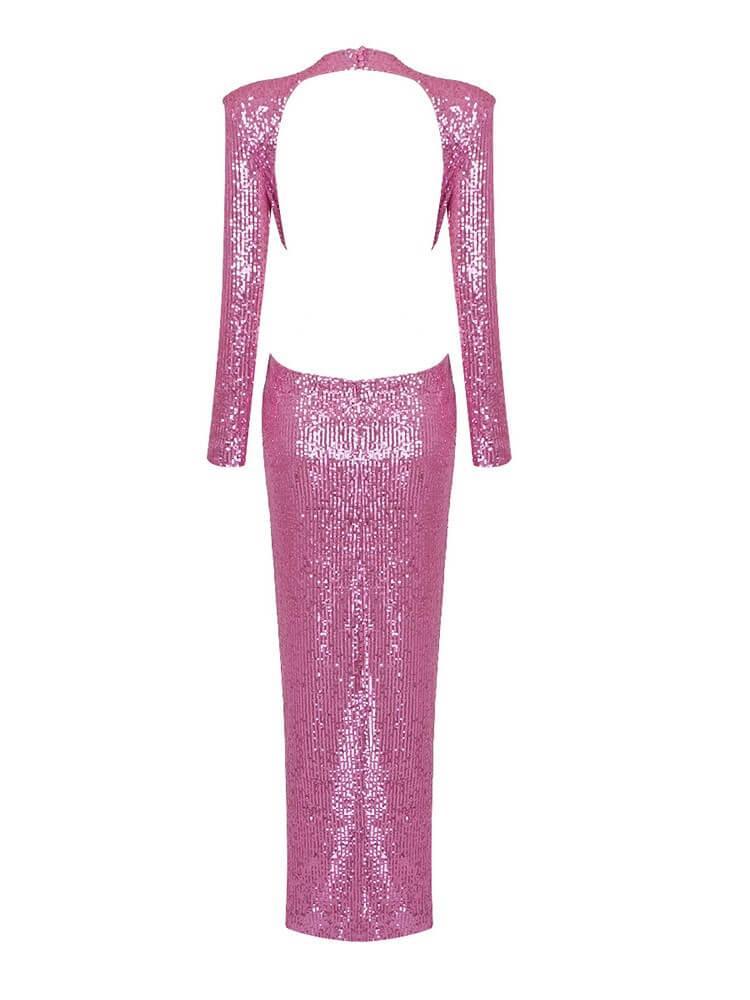 Round Neck Long Sleeve Sequin Cutout Floral Applique Ruched Maxi Dress