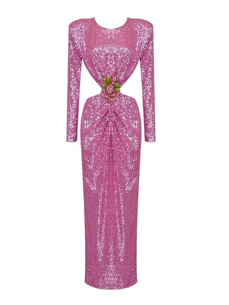 Round Neck Long Sleeve Sequin Cutout Floral Applique Ruched Maxi Dress