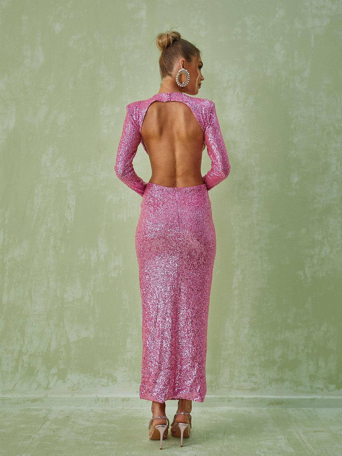 Round Neck Long Sleeve Sequin Cutout Floral Applique Ruched Maxi Dress