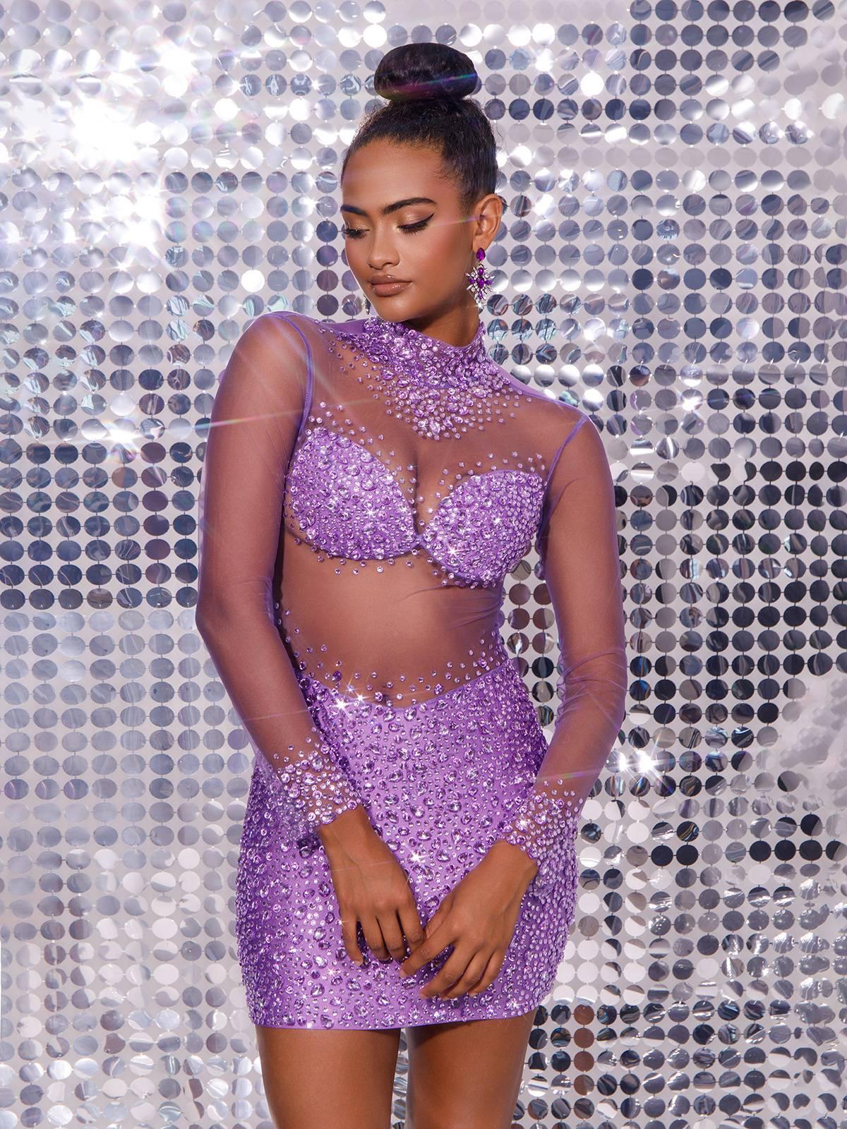 Mesh Crystal Mini Dress In Purple