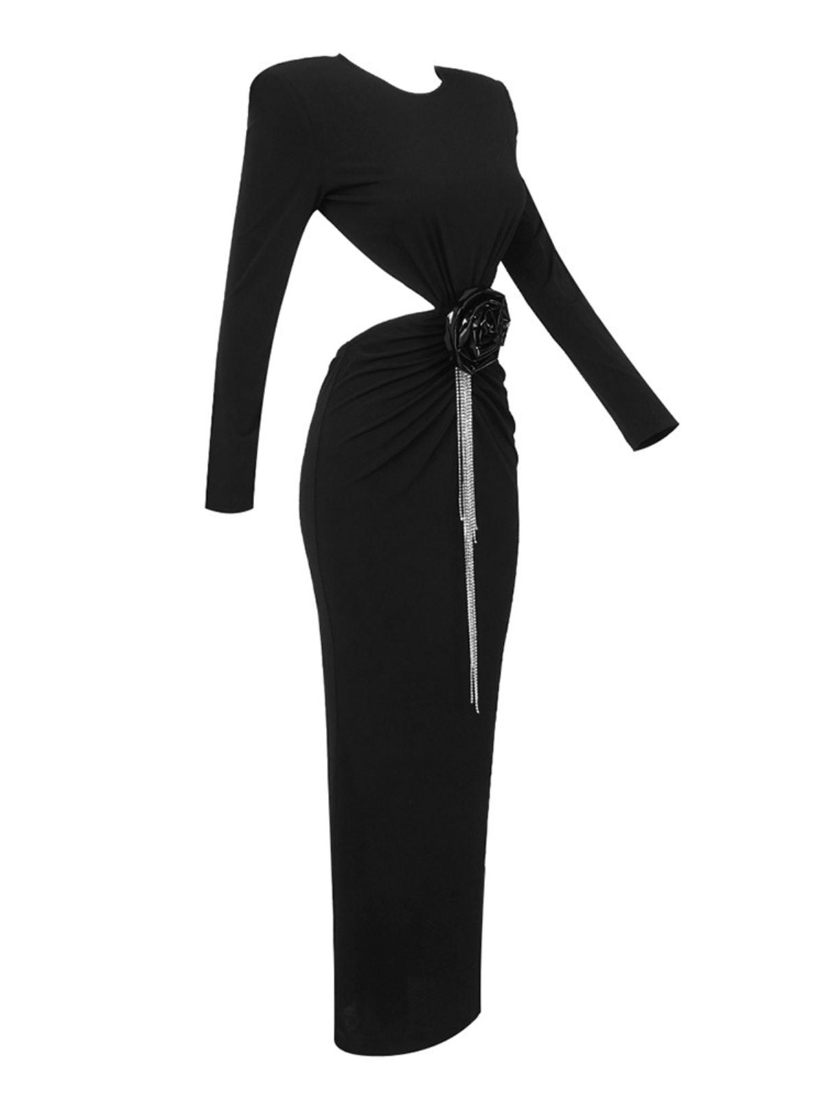 Round Neck Long Sleeve Cutout Rose Applique Fringe Bodycon Maxi Dress