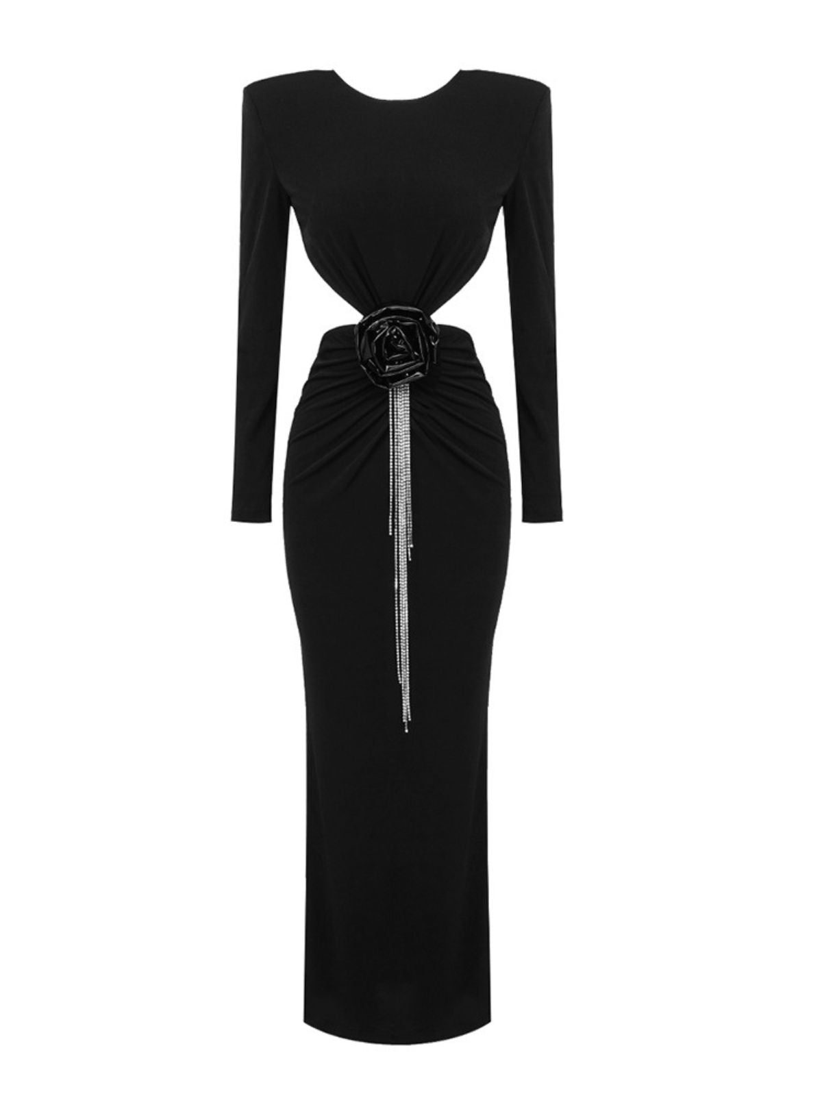Round Neck Long Sleeve Cutout Rose Applique Fringe Bodycon Maxi Dress