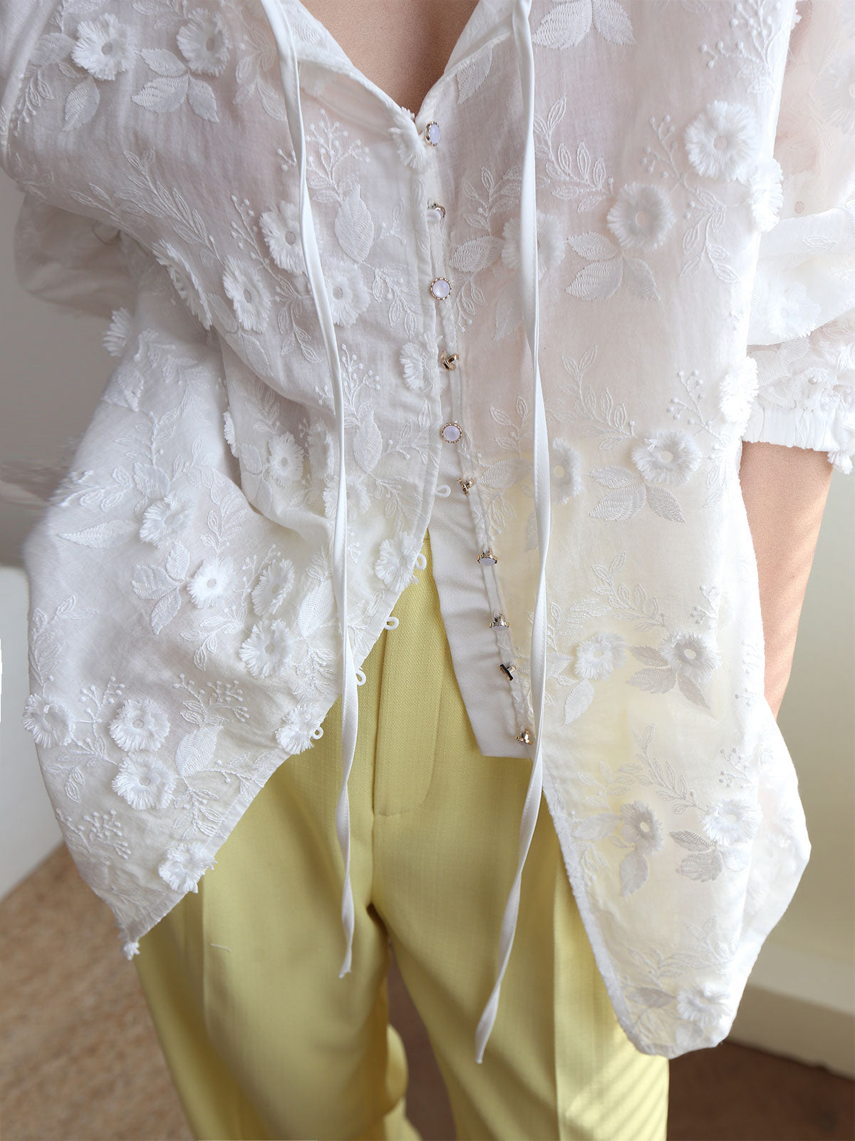 Oversized Semi-Sheer Embroidered Floral Blouse