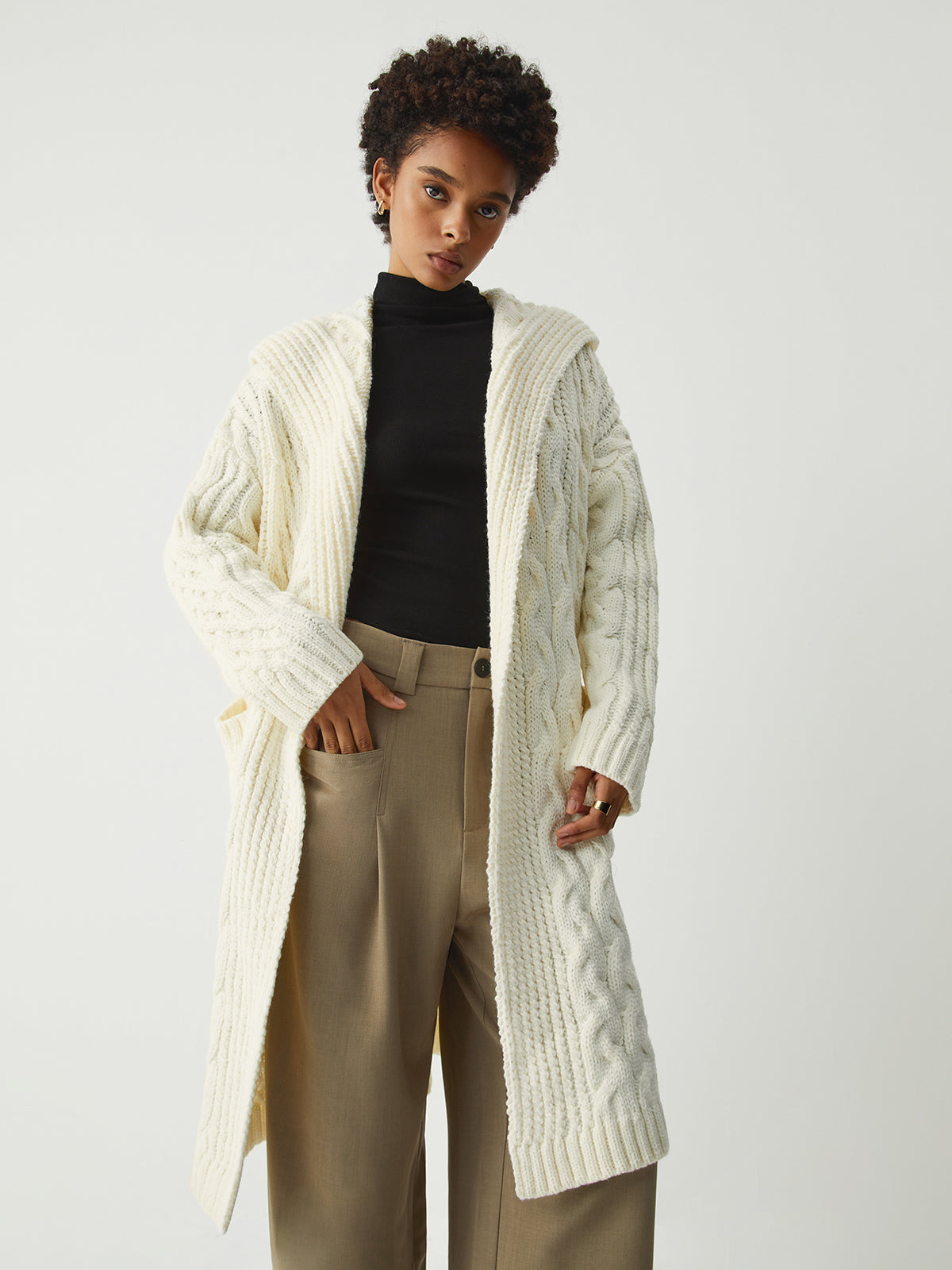 Cable Knit Graceful Hooded Longline Cardigan Off-White / S Sweaters-L