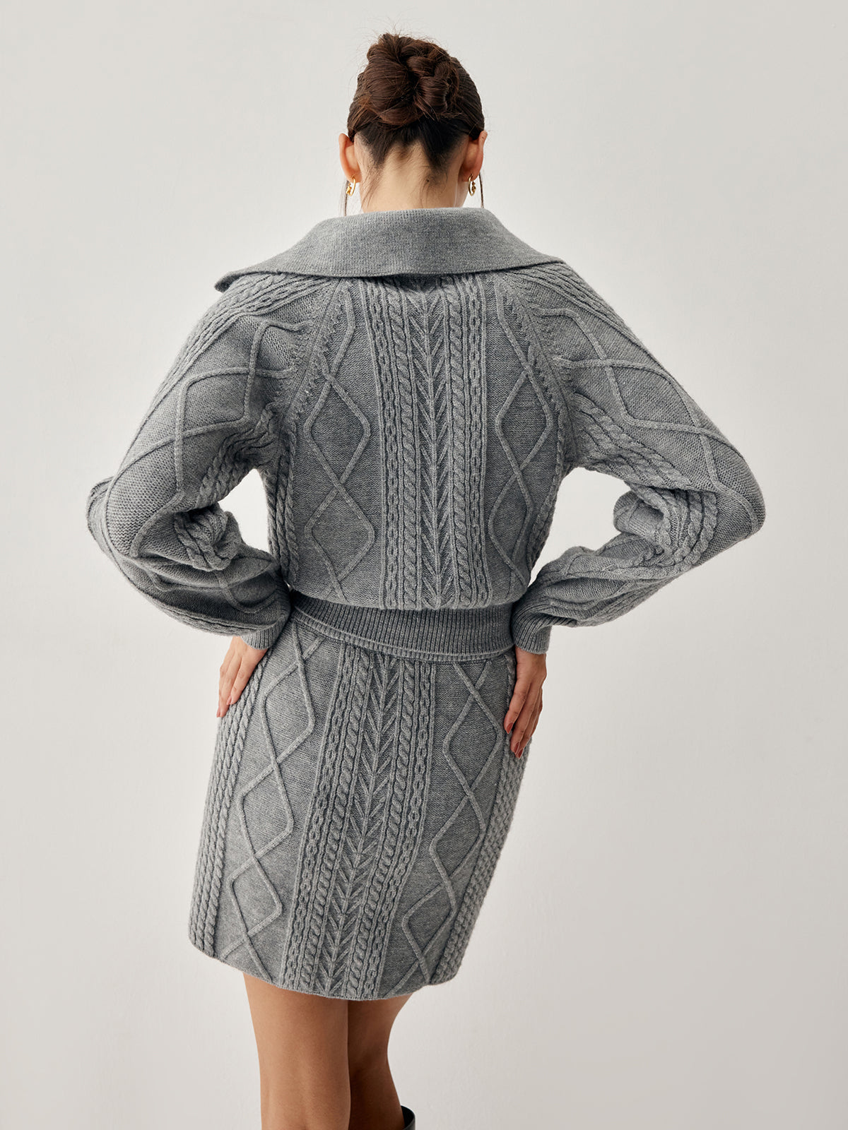 Cable Knit Open Collar Modern Cardigan WIth Matching Skirt